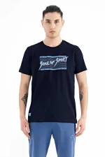 Tommylife Wholesale Navy Blue Text Print Standard Fit Crew Neck Men's T-Shirt - 88172