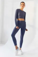 Tommylife Toptan Petrol Kendinden Desenli O Yaka Uzun Kol Kadın Crop Top T-Shirt - 97153