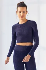 Tommylife Wholesale Indigo Self-Patterned Crew Neck Long Sleeve Women's Crop Top T-Shirt - 97153