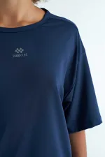 Tommylife Wholesale Indigo Crew Neck Print Detail Oversize Short Sleeve Women's T-Shirt - 97263
