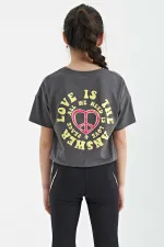 Tommylife Toptan Koyu Gri Ön Arka Baskılı O Yaka Düşük Omuz Oversize Kısa Kollu Kız Çocuk T-Shirt - 75126