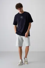 Tommylife Wholesale Crew Neck Oversize Printed Men's T-Shirt 88325 Navy Blue