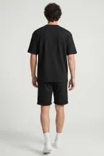 Tommylife Toptan Siyah Oversize Fit Yumuşak Dokulu Basic Erkek Şort Takım - 85274