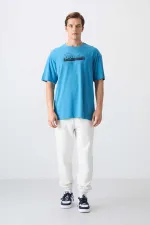 Tommylife Toptan O Yaka Oversize Baskılı Erkek T-Shirt 88334 Petrol Mavi