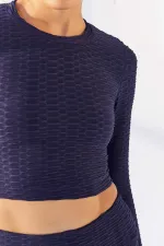 Tommylife Wholesale Indigo Self-Patterned Crew Neck Long Sleeve Women's Crop Top T-Shirt - 97153