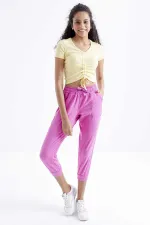 Tommylife Wholesale Yellow Gathered Detail V-Neck Women's Crop Top T-Shirt - 97205