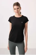 T-shirt femme Tommylife Wholesale noir à manches courtes et col rond, coupe standard - 97101