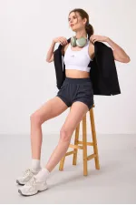 Tommylife Toptan Polyester Gizli Cep Fermuarlı Rahat Form Kadın Şort - 91014 Antrasit