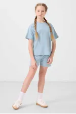 Ensemble short basique pour fille Tommylife, en coton doux texturé, coupe standard, bleu clair, référence 75184