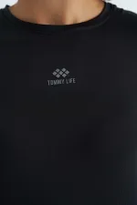 Tommylife Wholesale Black Logo Print Crew Neck Drop Sleeve Oversize Women's Crop T-Shirt - 97262