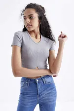 Tommylife Wholesale Grey Basic Front Slit V-Neck Women's Crop Top T-Shirt - 97206