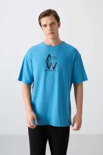 Tommylife Wholesale Crew Neck Oversize Printed Men's T-Shirt 88332 Petrol Blue