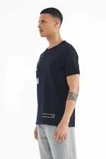 Tommylife Toptan Lacivert Baskı O Yaka Detaylı Standart Form Erkek T-Shirt - 88216