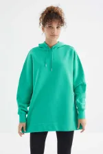 Tommylife Toptan Deniz Yeşili Reglan Kol Basic Kapüşonlu Oversize Tunik - 97242