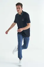 Tommylife Toptan Lacivert Yazı Nakışlı Baskı Detaylı Standart Kalıp Polo Yaka Erkek T-Shirt - 88239