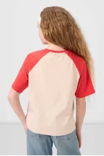 Tommylife Toptan O Yaka  Pamuklu Baskılı Oversize Fit Kız Çocuk T Shirt 75179 Bej