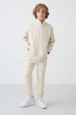 Tommylife Toptan 7-15 Yaş Dik Yaka Erkek Çocuk Eşofman Takımı 11256 Bej