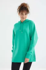 Tommylife Toptan Deniz Yeşili Reglan Kol Basic Kapüşonlu Oversize Tunik - 97242