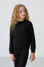 Tommylife Toptan 3-9 Yaş O Yaka Oversize Kız Çocuk Eşofman Takımı 75145 Siyah