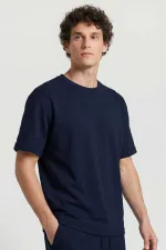 Tommylife Toptan Lacivert Oversize Fit Yumuşak Dokulu Basic Erkek Şort Takım - 85274