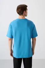 Tommylife Wholesale Crew Neck Oversize Printed Men's T-Shirt 88332 Petrol Blue