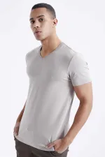 Tommylife Toptan V Yaka Standart Kalıp Basic Erkek T-Shirt 87912 Koyu Bej