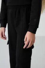 Tommylife Toptan 7-15 Yaş Dik Yaka Standart Kalıp Kız Çocuk Eşofman Takımı 75159 Siyah