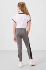 Tommylife Toptan O Yaka Yan Şerit Detaylı Standart Fit Performans Kız Çocuk Tayt Takım 75191 Beyaz Koyu Gri