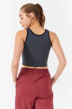 Tommylife Toptan Lacivert Melanj Basic Sıfır Kol Dar Kalıp U Yaka Kadın Crop Top Atlet - 97162