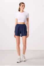 Tommylife Toptan Polyester Gizli Cep Fermuarlı Rahat Form Kadın Şort - 91014 İndigo