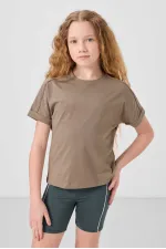 T-shirt basique Tommylife en coton, col rond, coupe oversize, pour fille, beige foncé, référence 75182.