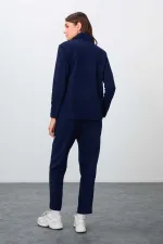Tommylife Toptan Oversize Dik Yaka Klasik Paça Kadın Polar Eşofman Takımı 95339 Lacivert