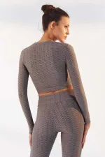 Tommylife Toptan Gri Kendinden Desenli O Yaka Uzun Kol Kadın Crop Top T-Shirt - 97153