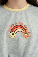 Tommylife Wholesale Grey Melange Print Detail Crew Neck Multicolored Tie Detail Girls' T-Shirt - 75113