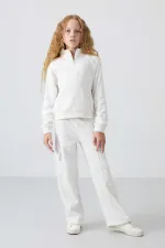 Tommylife Toptan 7-15 Yaş Dik Yaka Standart Kalıp Kız Çocuk Eşofman Takımı 75159 Ekru