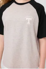 Tommylife Toptan O Yaka  Pamuklu Baskılı Oversize Fit Kız Çocuk T Shirt 75179 Gri Melanj