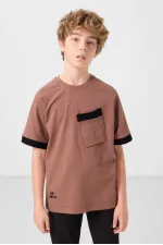 T-shirt garçon Tommylife en coton doux texturé, coupe oversize, avec poche, référence 11295, couleur cannelle