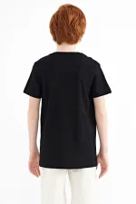 T-shirt garçon Tommylife Wholesale noir, col rond, coupe standard, imprimé, taille serveur, réf. 11145