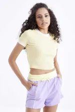 Tommylife Wholesale Yellow Basic Sleeve Detail Crew Neck Women's Crop Top T-Shirt - 97200