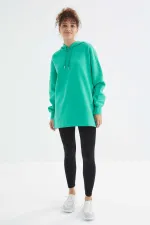 Tommylife Toptan Deniz Yeşili Reglan Kol Basic Kapüşonlu Oversize Tunik - 97242