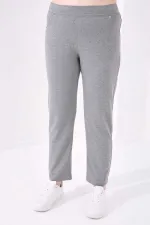 Tommylife Toptan Gri Melanj Klasik Paça Taş Detaylı Kadın Büyük Beden Eşofman Alt - 94040