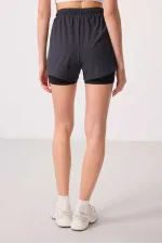 Tommylife Toptan Polyester Gizli Cep Fermuarlı Standart Kalıp Kadın İçi Taytlı Şort - 91015 Antrasit