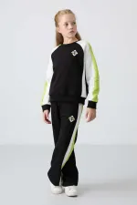 Tommylife Toptan 7-15 Yaş O Yaka Standart Kalıp Kız Çocuk Eşofman Takımı 75165 Siyah