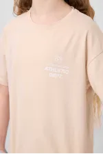 Tommylife Wholesale Cotton Crew Neck Oversize Fit Basic Girls' T-Shirt 75178 Beige