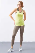 Tommylife Toptan Limon Kolsuz Arka Yazı Detaylı Standart Kalıp Kadın Spor Atlet - 97096