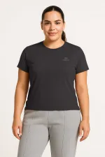 Tommylife Toptan Koyu Gri O Yaka Basic Battal Büyük Beden Kadın T-Shirt - 97308