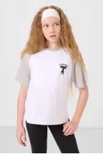 Tommylife Toptan O Yaka  Pamuklu Baskılı Oversize Fit Kız Çocuk T Shirt 75179 Beyaz