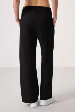 Tommylife Toptan Keten Geniş Paça Rahat Form Kadın Palazzo Pantolon - 94675 Siyah