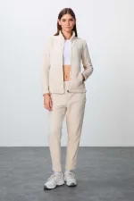 Ensemble de survêtement en polaire Tommylife Wholesale pour femme, coupe classique, col montant, taille oversize, beige, référence 95339