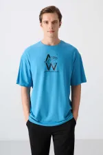 Tommylife Wholesale Crew Neck Oversize Printed Men's T-Shirt 88332 Petrol Blue